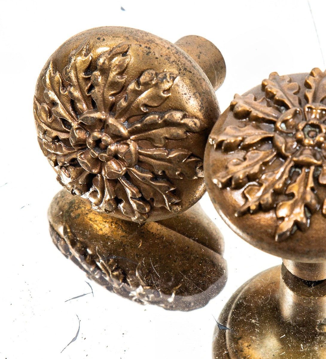 late 1890s original salvaged chicago antique american ornamental cast bronze "verocchio" pattern doorknobs with nicely aged patina