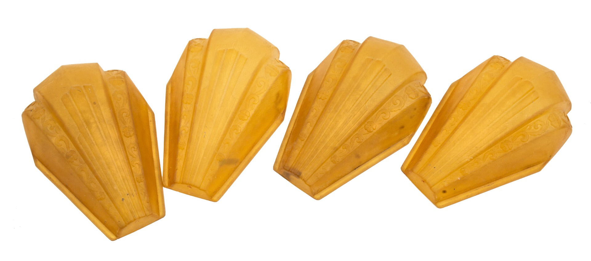 group of four matching hard to find art deco depression-era "rayburn" series amber-colored light fixture glass slip shades
