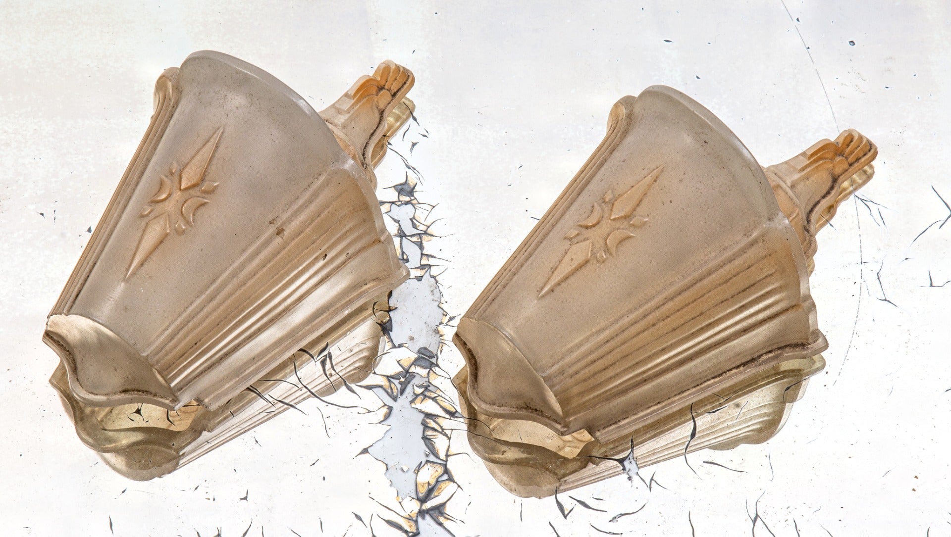 one of two identical antique american depression-era baked enameled light fixture replacement slip shades