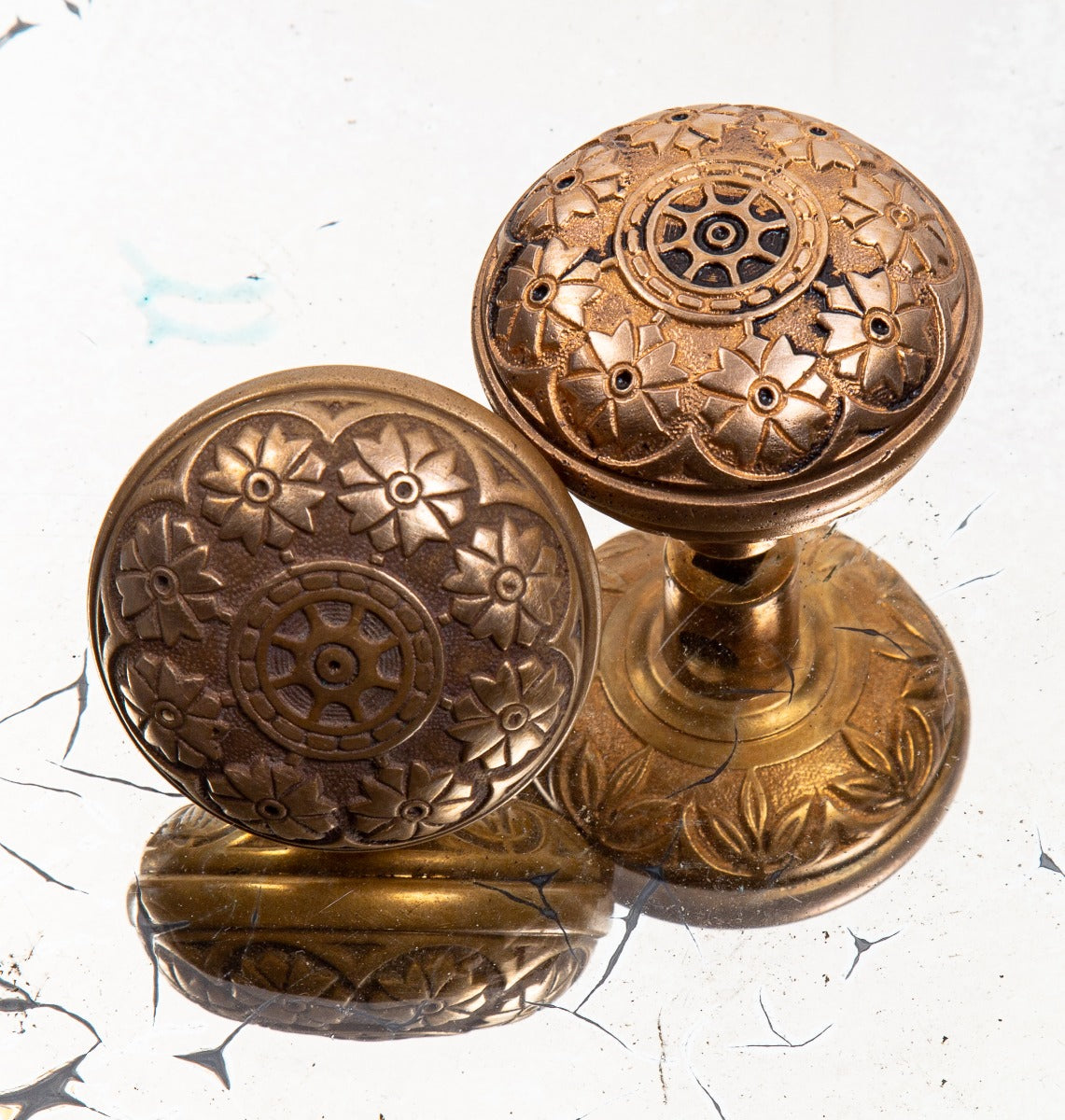 unusually designed late 1870s cast bronze phoenix or hopkins and dickinson victorian-era passage size doorknobs