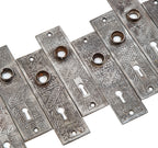 group of 8 matching late 19th century antique american salvaged chicago "windsor" pattern wrought steel doorknob backplates