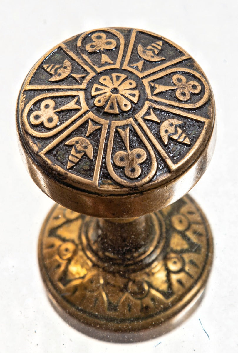 single oversized patented 1884 ornamental cast bronze antique american passage door handle with mostly uniform patina