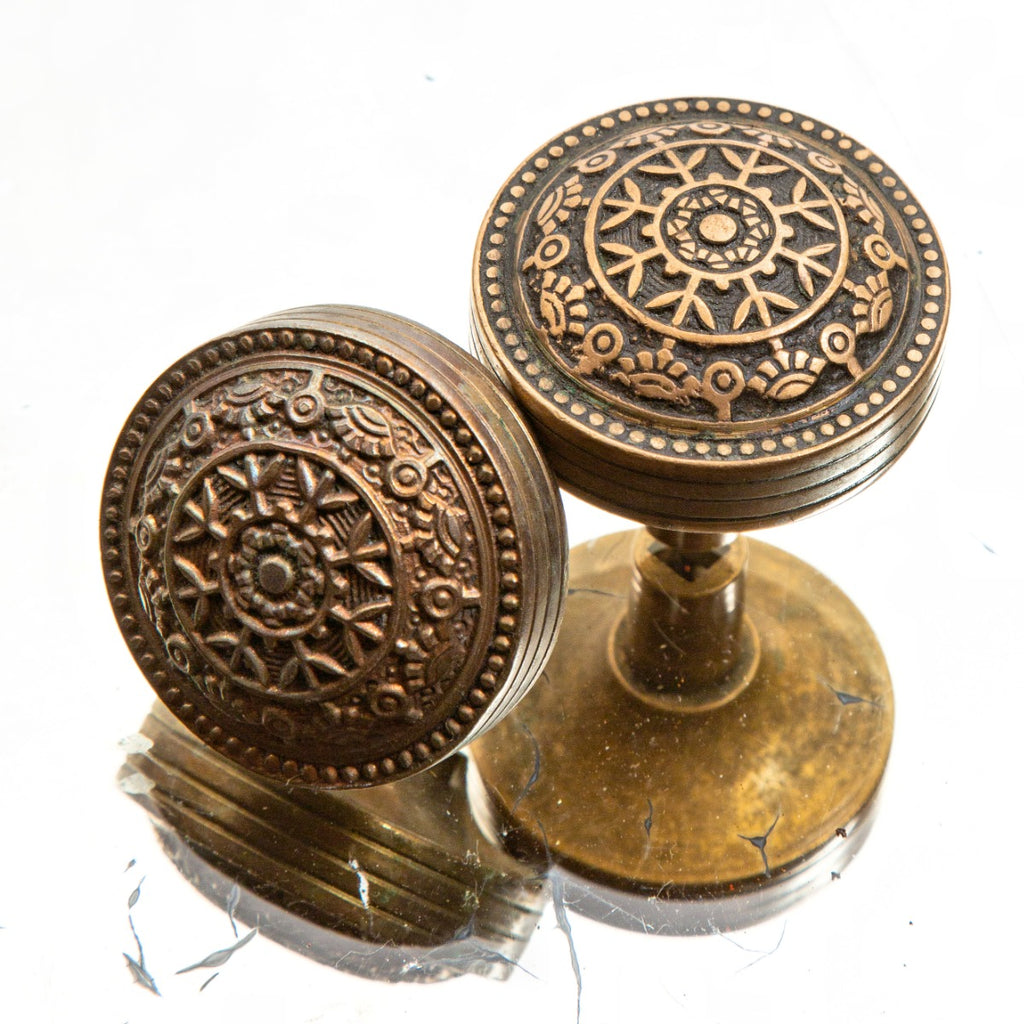 two matching american architectural eastlake style ornamental cast bronze "windsor" pattern passage size doorknobs
