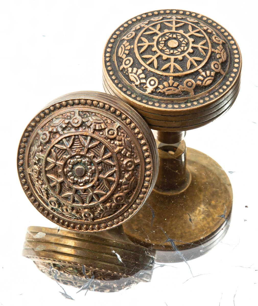 two matching american architectural eastlake style ornamental cast bronze "windsor" pattern passage size doorknobs