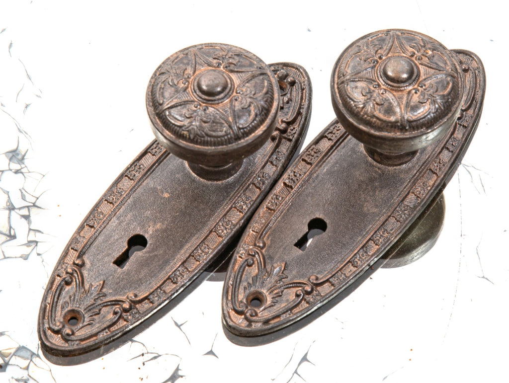 early 20th century salvaged chicago ornamental cast iron matching residential doorknobs and oval-shaped backplates