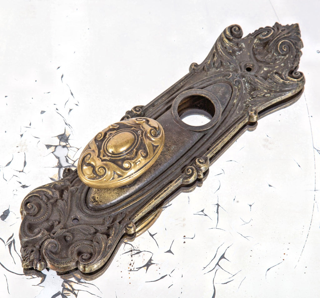 early 20th century salvaged chicago ornamental brass "meridian" pattern oval-shaped doorknob with entrance door backplate