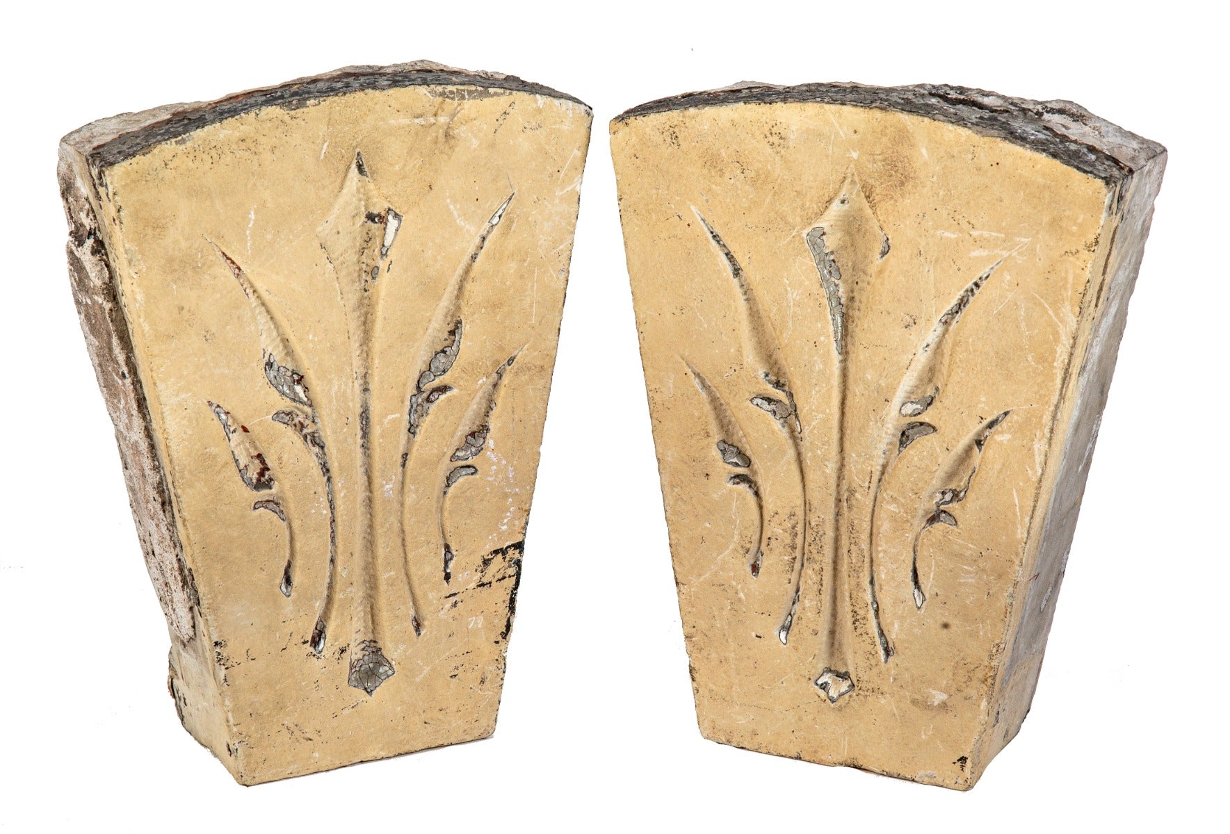 two matching late 1860’s pre-fire exterior salvaged chicago architectural cottage joliet limestone keystone with deeply incised abstract floral motifs