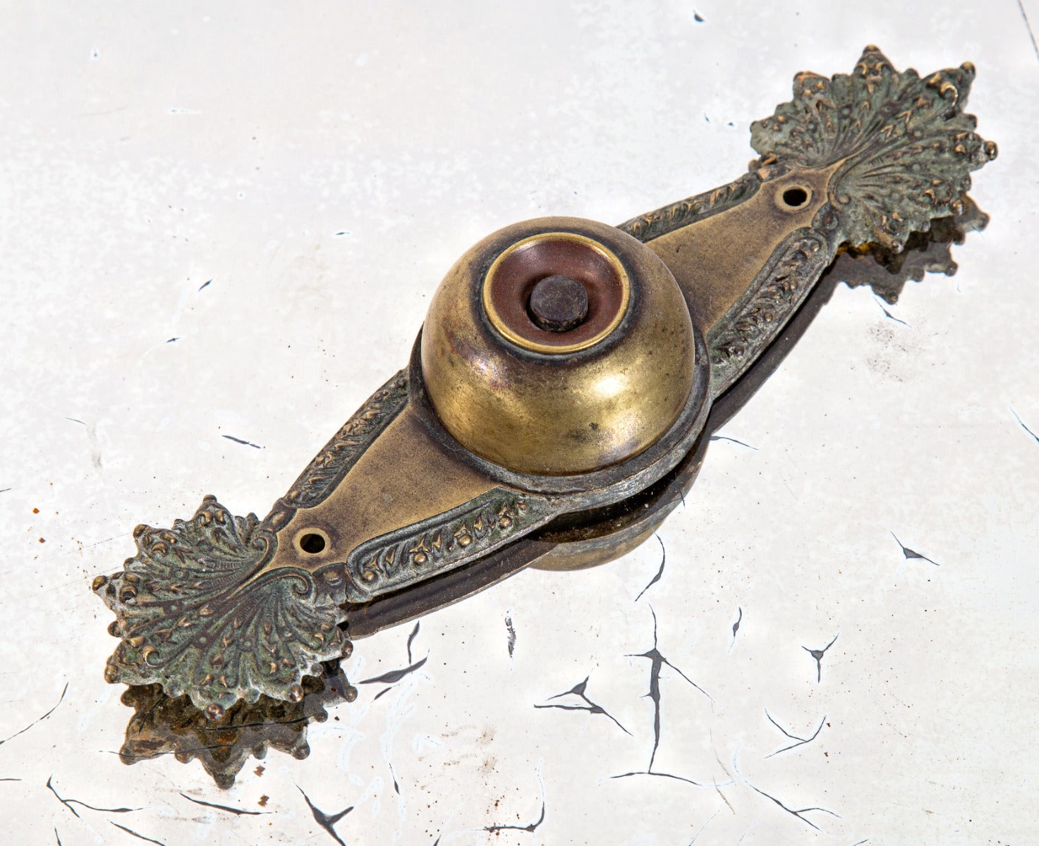 original hard to find 19th or early 20th century antique american ornamental cast brass "marquise" pattern residential doorbell