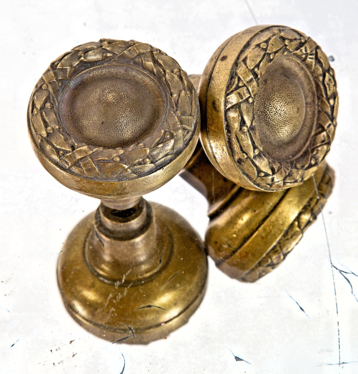 matching set of original early 20th century ornamental cast bronze chicago city hall building doorknobs with nicely aged finish