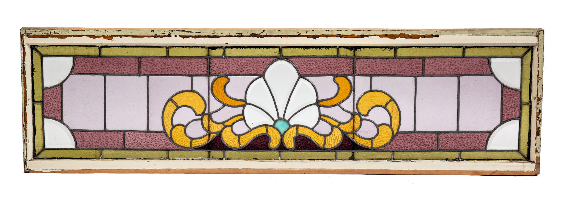 late 19th century antique american victorian-era salvaged chicago two-flat stained and beveled edge glass transom window