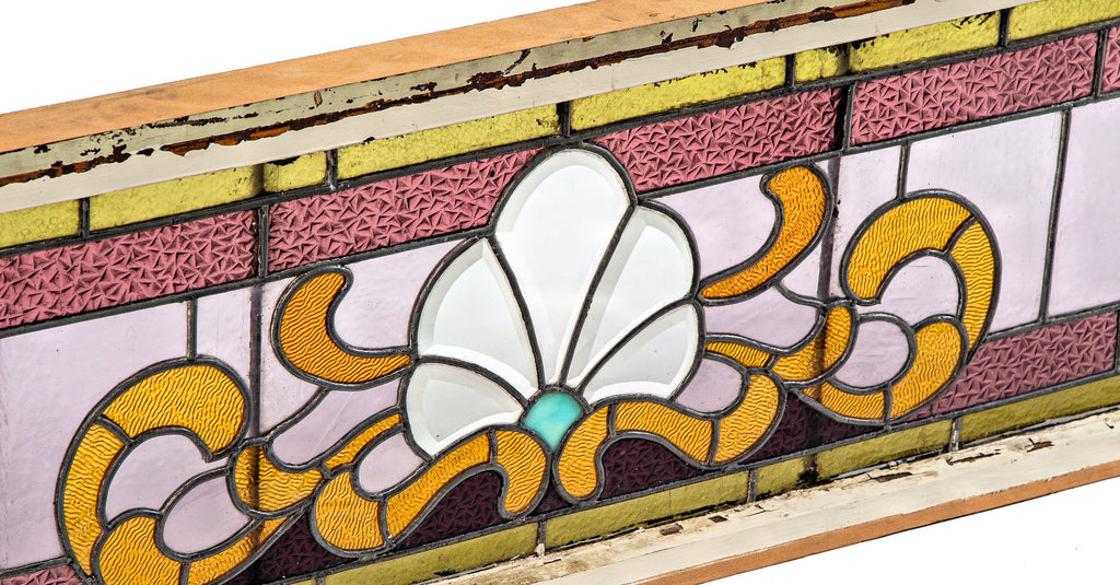late 19th century antique american victorian-era salvaged chicago two-flat stained and beveled edge glass transom window