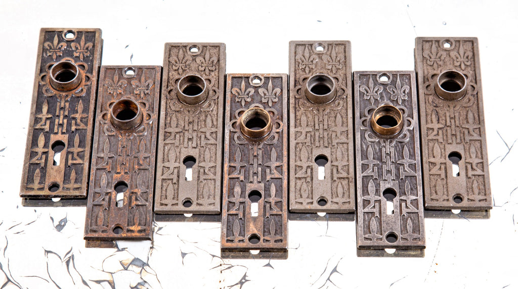 original late 19th century antique american ornamental cast iron "fleur-de-lis" pattern residential passage door backplates