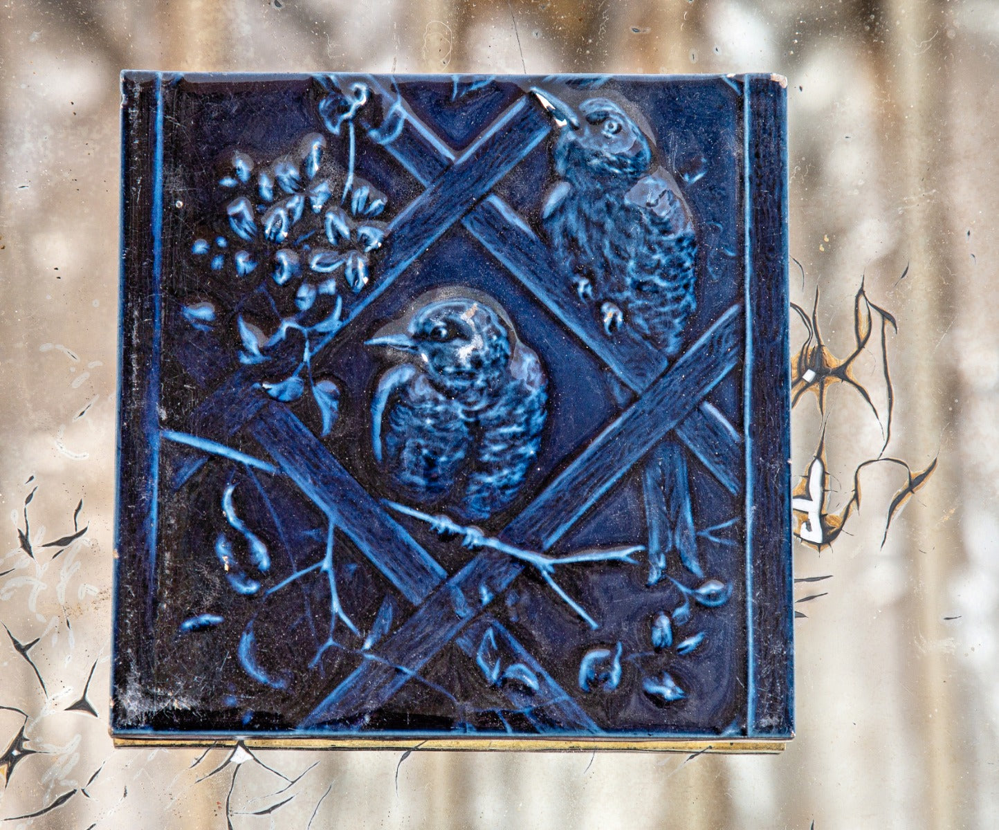 19th century richly colored dark cobalt blue majolica glazed victorian-era figural fireplace 6 x 6 inch tile with winged birds