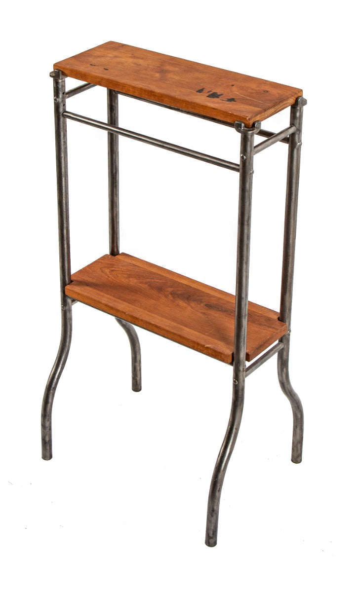 refinished early 20th century repurposed brushed tubular steel vintage medical sterilizer table with newly added cherry wood top and shelf