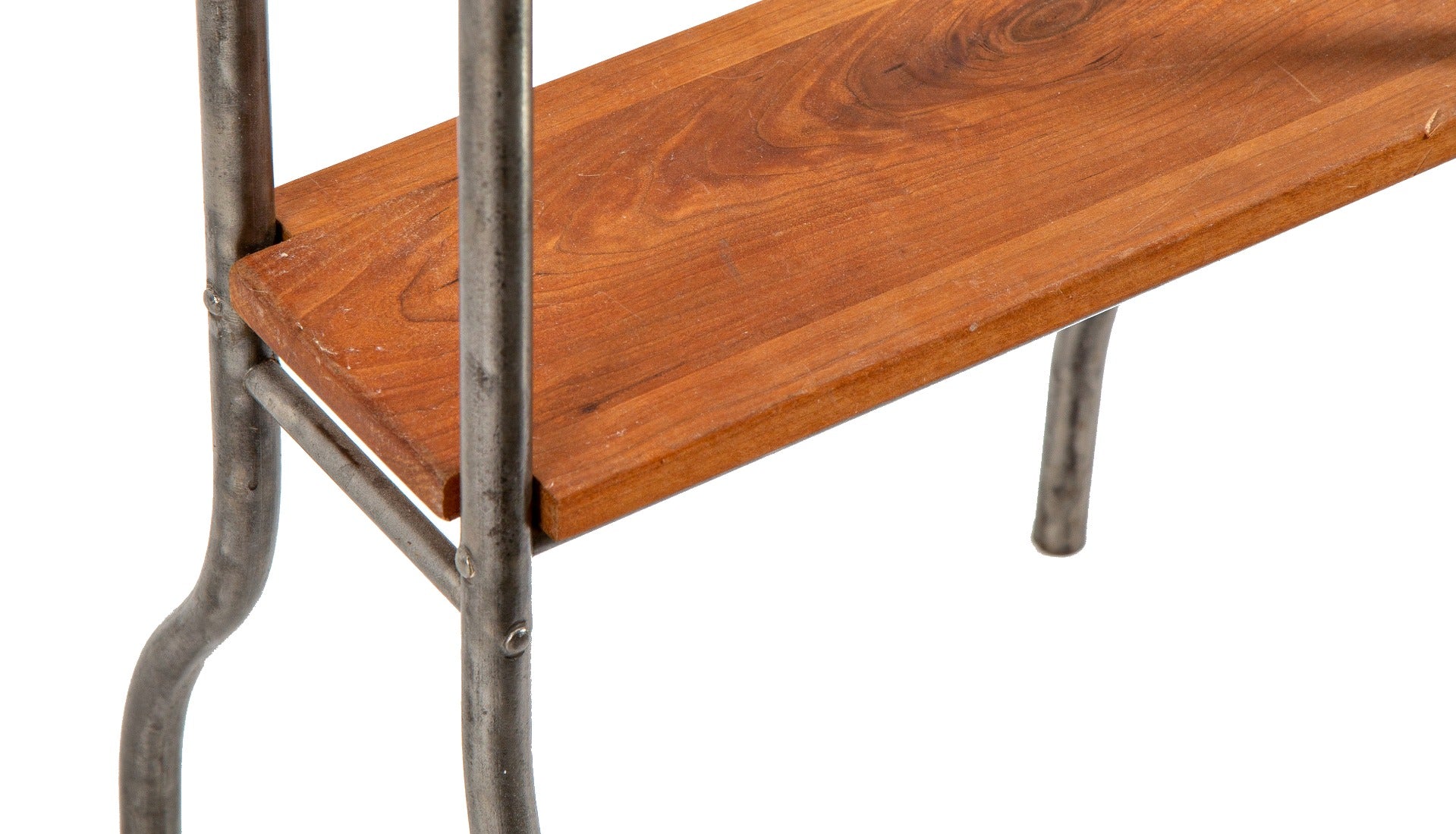 refinished early 20th century repurposed brushed tubular steel vintage medical sterilizer table with newly added cherry wood top and shelf