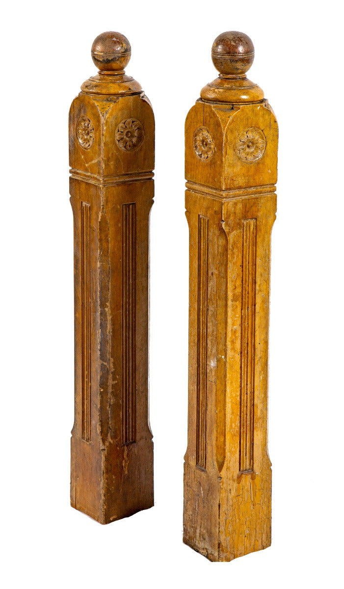 two matching 19th century original salvaged chicago box-shaped pine wood newel posts with incised ball finials