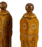 two matching 19th century original salvaged chicago box-shaped pine wood newel posts with incised ball finials
