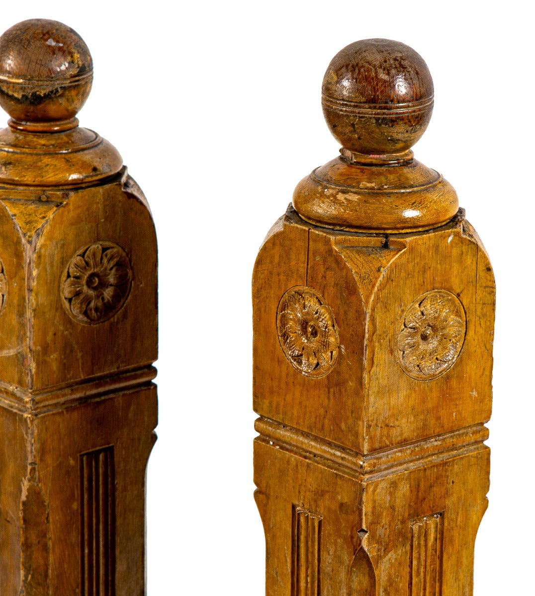 two matching 19th century original salvaged chicago box-shaped pine wood newel posts with incised ball finials