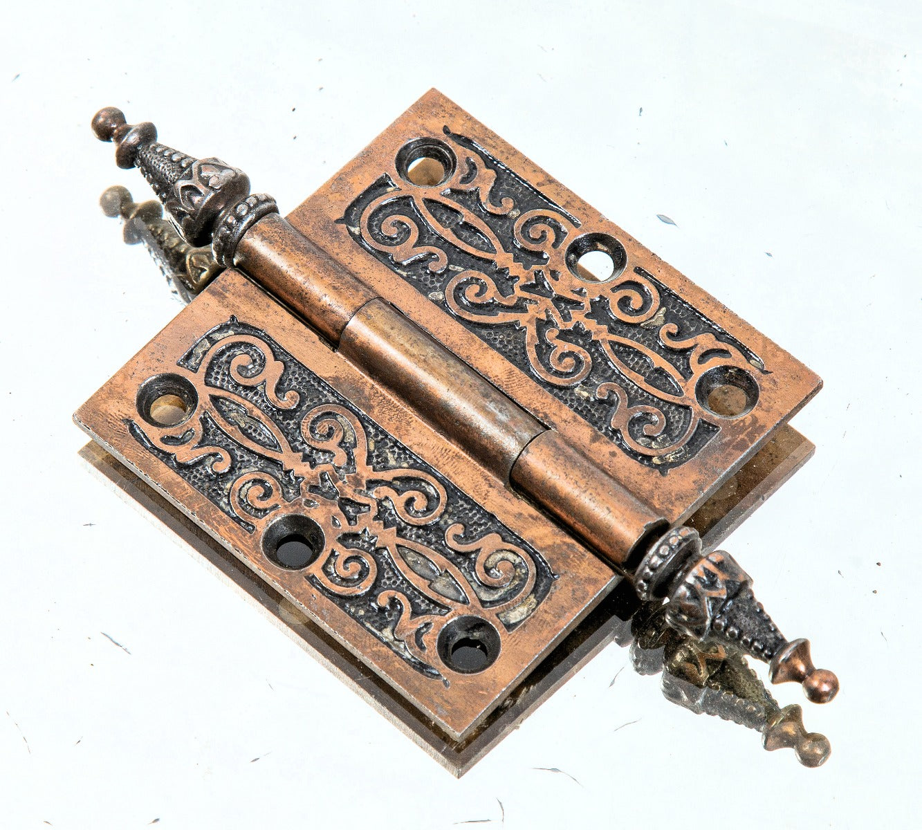 single all original 19th century antique american victorian-era copper-plated cast iron door hinge with decorative finials