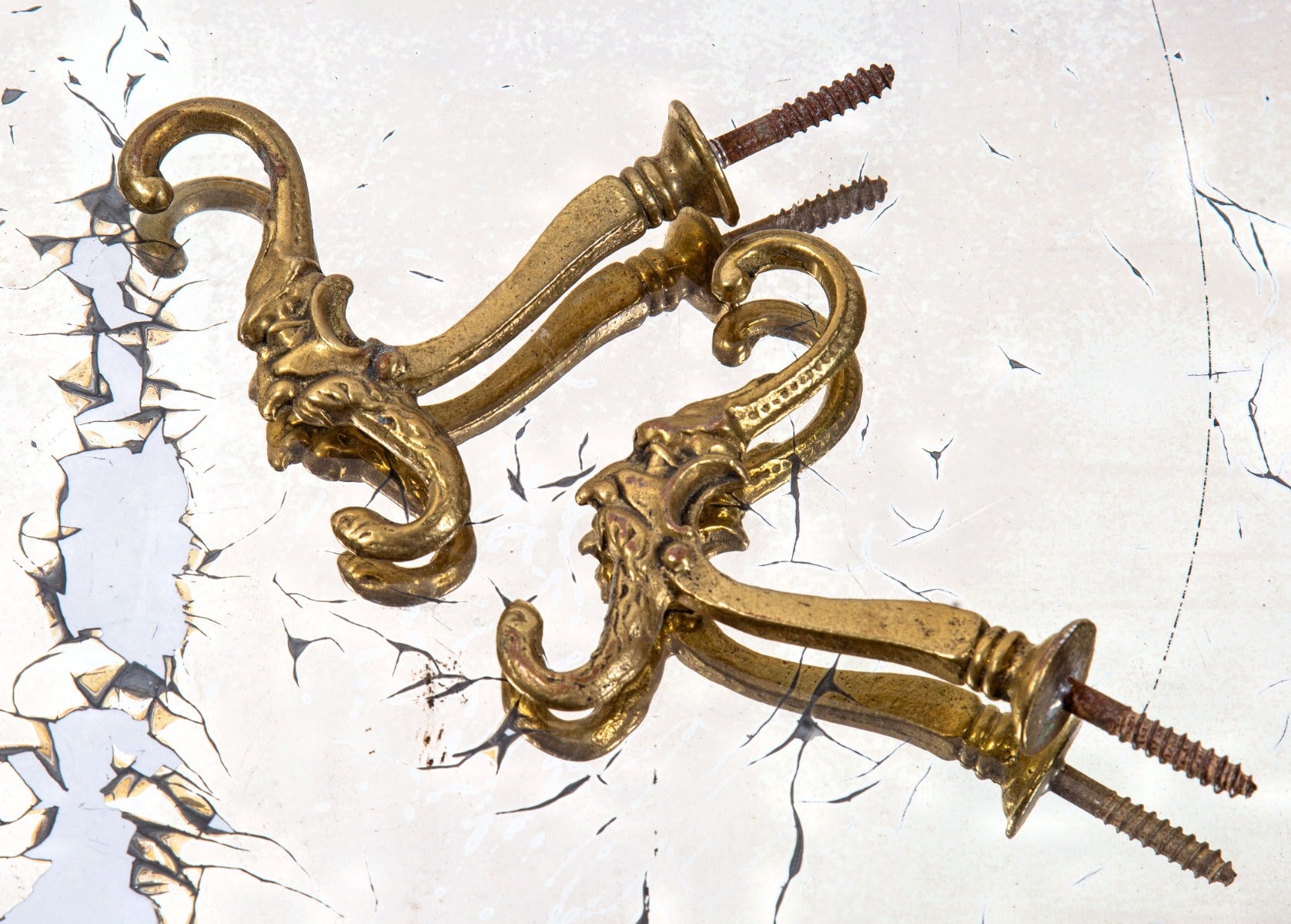 two matching figural grotesque ornamental cast brass victorian-era threaded screw residential coat hooks