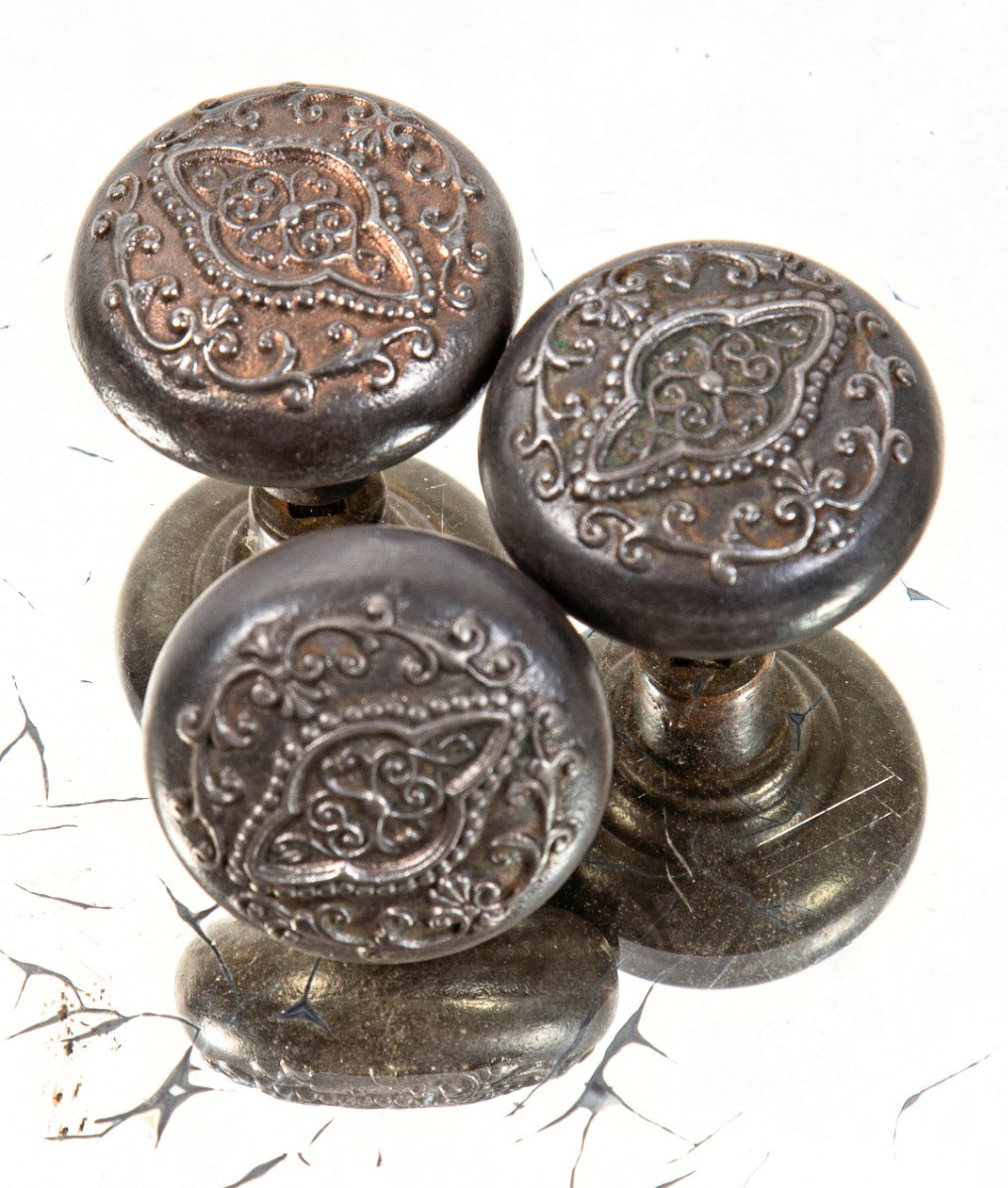 group of three matching ornamental cast iron 1890s p. f. corbin interior residential passage size doorknobs