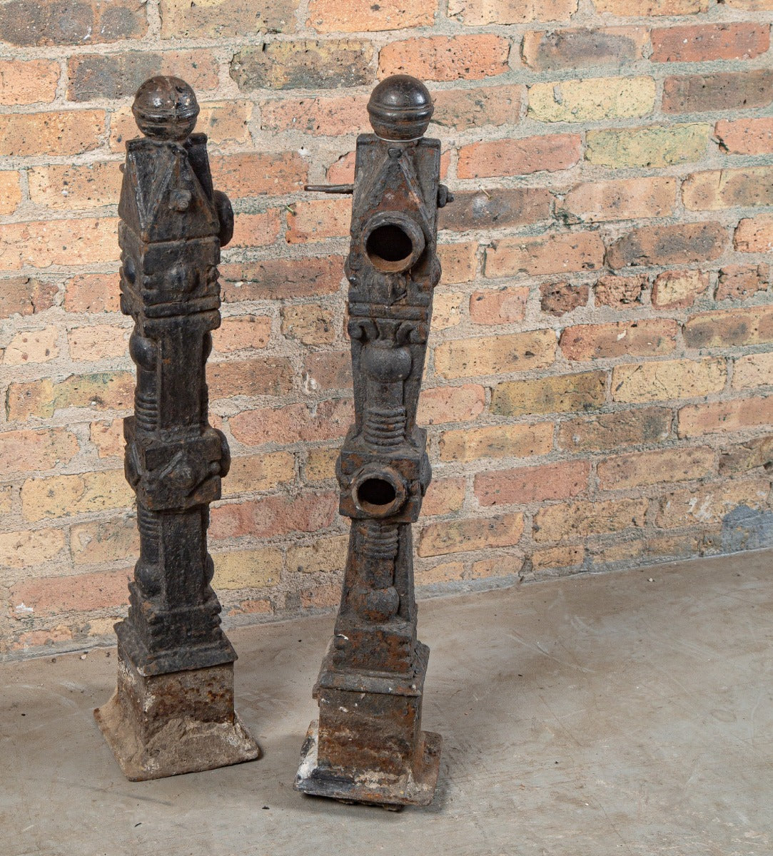 two matching original 19th century salvaged chicago dearborn foundry black enameled cast iron exterior newel posts