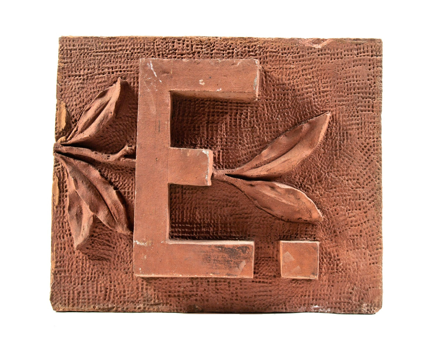 original red-slip glazed 1880s james higgie building terra cotta name panel with single block letter