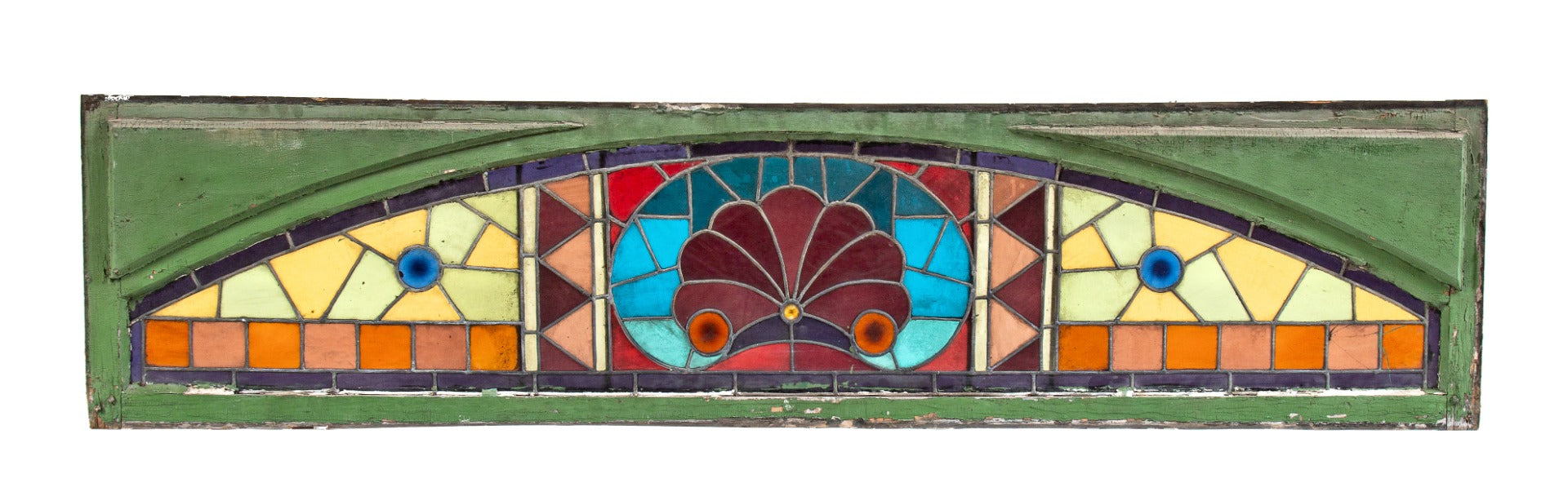 original 19th century interior residential salvaged chicago richly colored stained glass transom window with intact sash frame