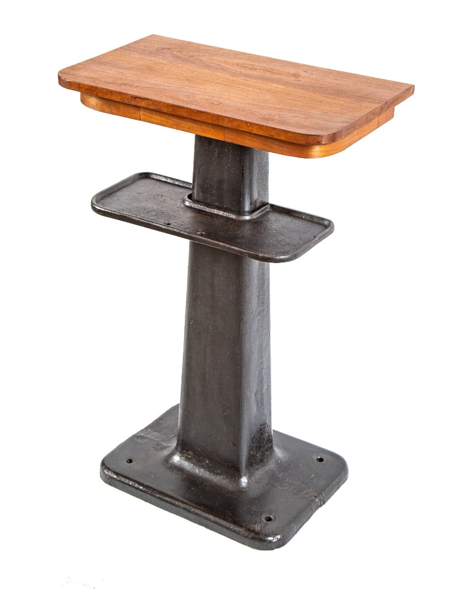 repurposed old industrial brushed metal foundry machine base with newly added solid cherry wood tabletop with apron