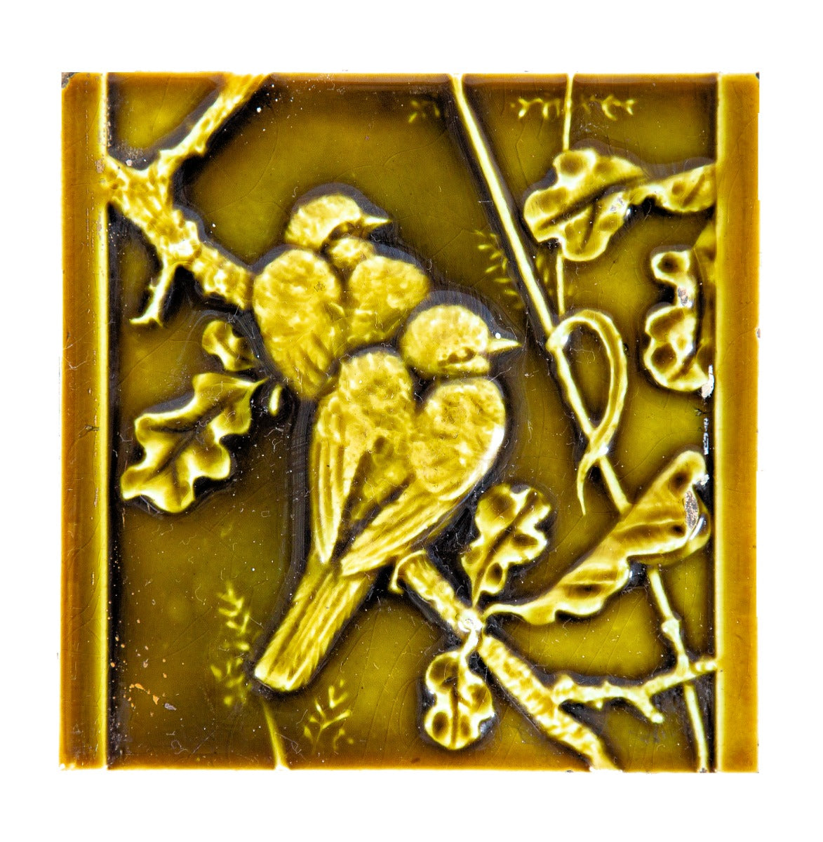 olive-green majolica glazed 19th century original salvaged new york city brownstone fireplace tile with winged birds