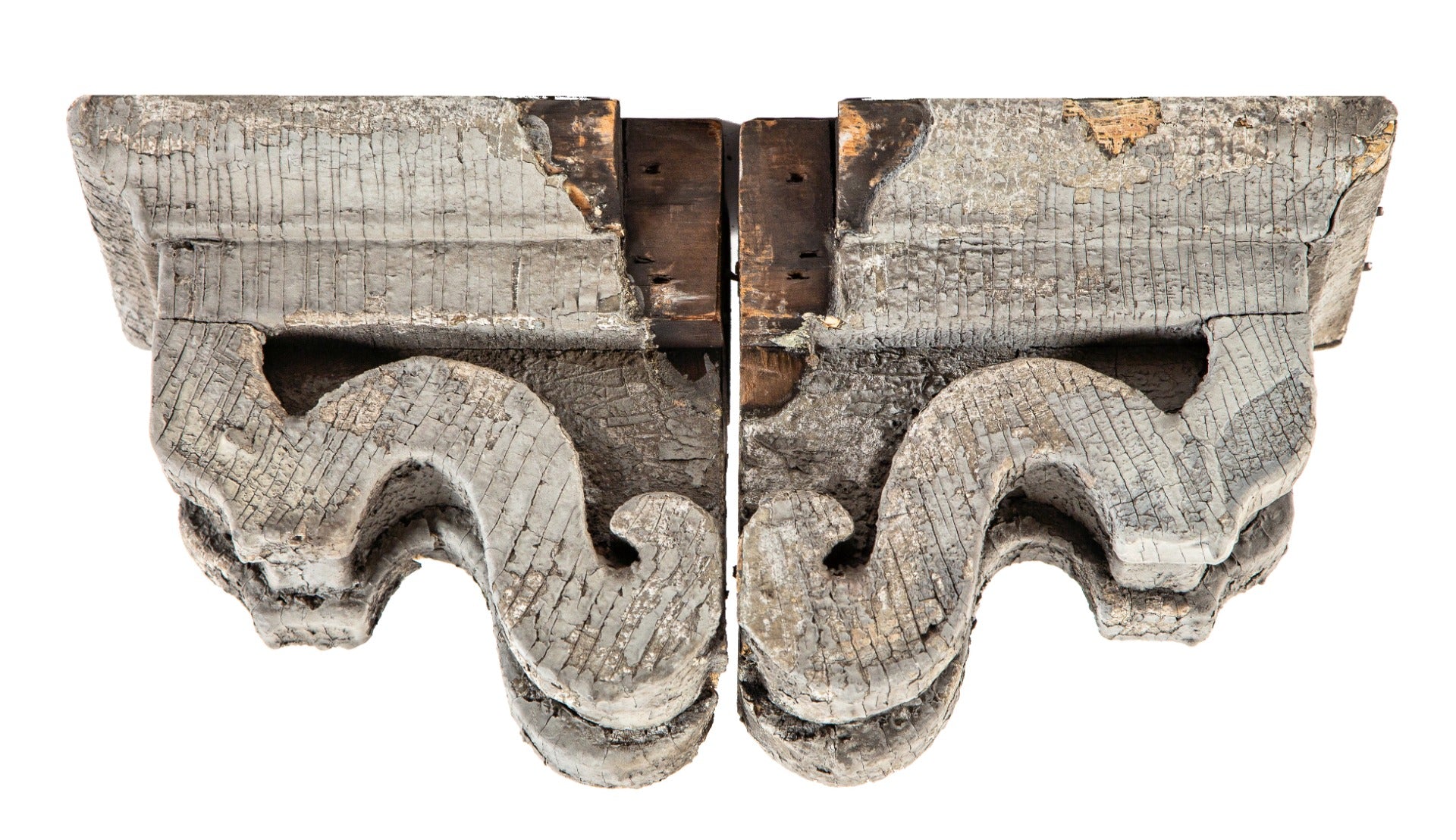 pair of original pre-fire chicago fret-sawn white pine wood exterior corbels or brackets from john kent russell house