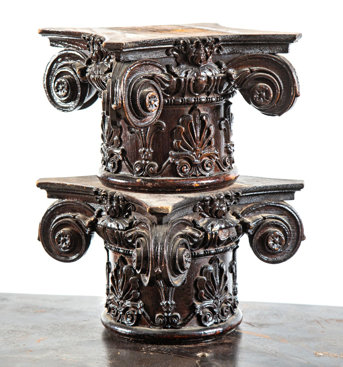 two matching early 20th century decorators supply company neoclassical style gesso and wood columns capitals