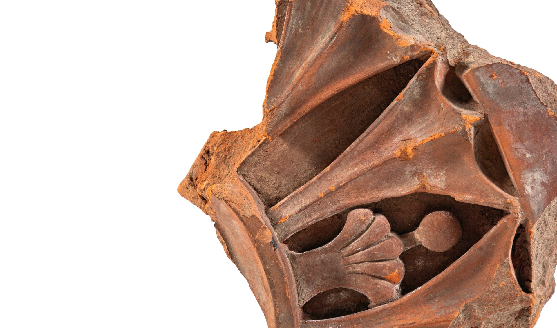 original historically important red slip terra cotta lunette fragment salvaged by richard nickel from adler and sullivan's rosenfeld building (1881)