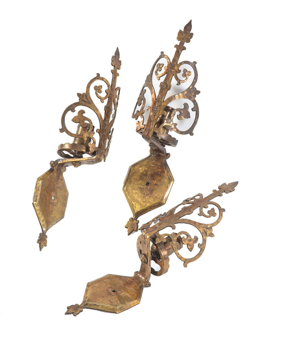 group of three matching rare original 1930s antique american salvaged chicago beardslee wall sconces with intact "flemish brass" finish