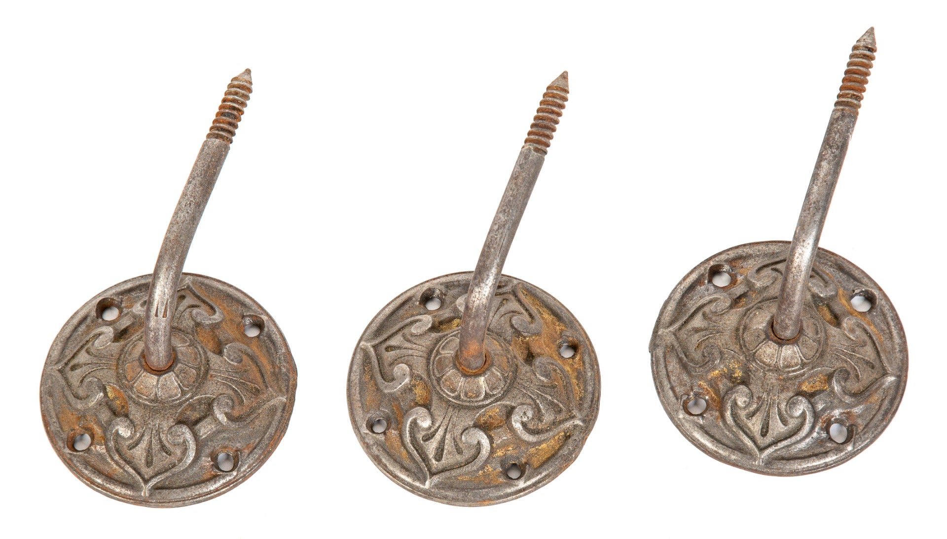 three matching original late 19th century hard to find salvaged chicago ornamental cast iron staircase handrail brackets