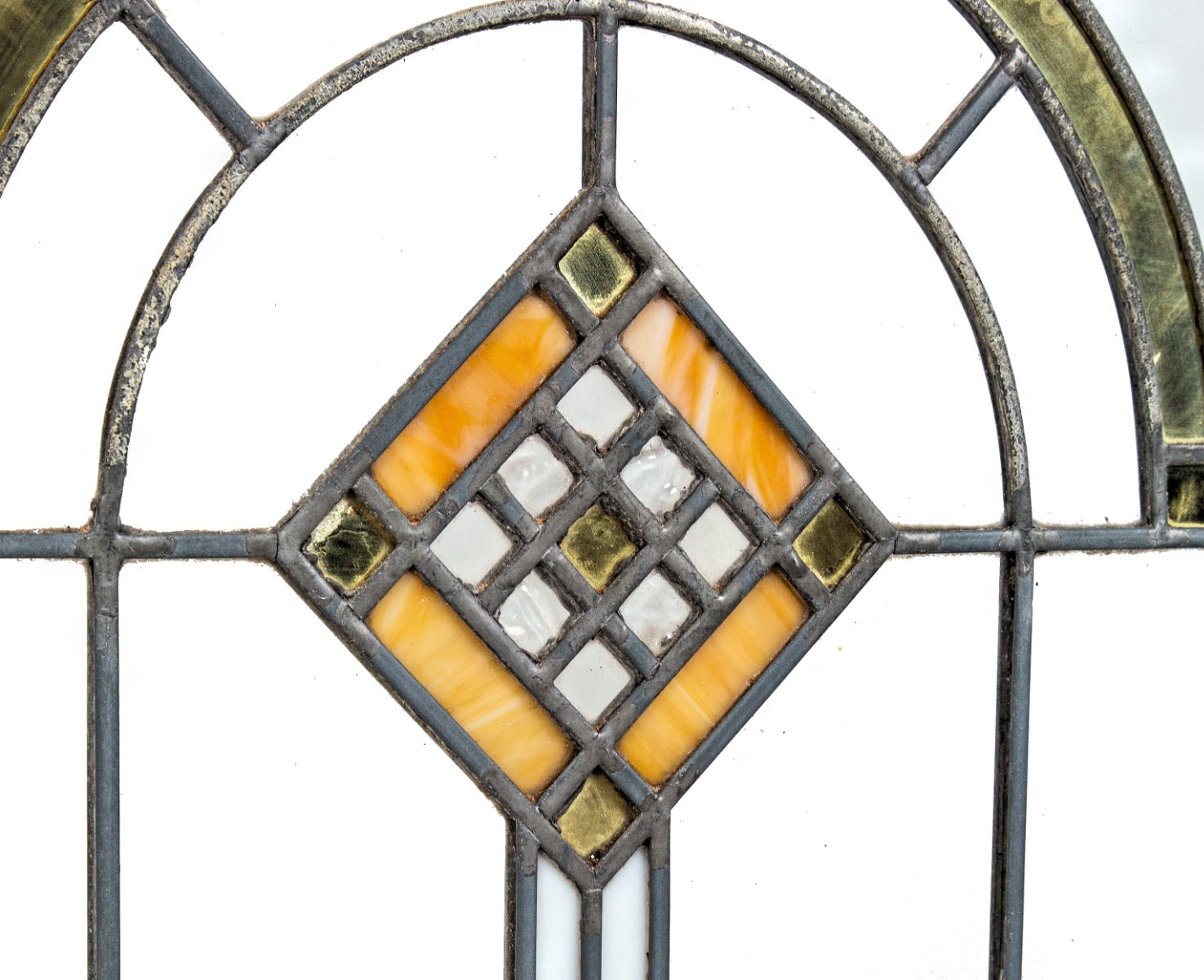 single original strongly geometric-designed early 20th century leaded art glass bungalow window with gold leaf flash glass