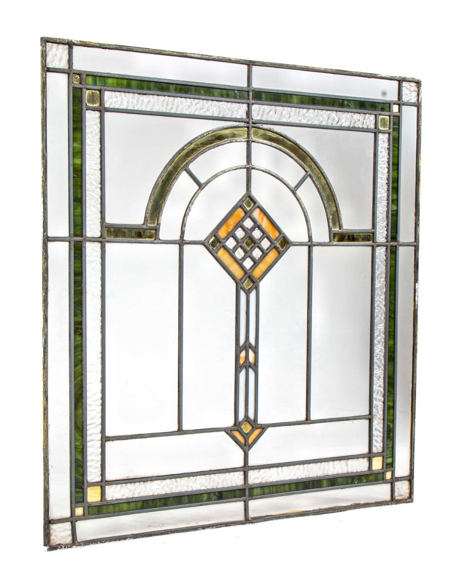 single original strongly geometric-designed early 20th century leaded art glass bungalow window with gold leaf flash glass