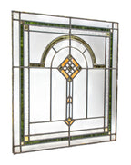 single original strongly geometric-designed early 20th century leaded art glass bungalow window with gold leaf flash glass