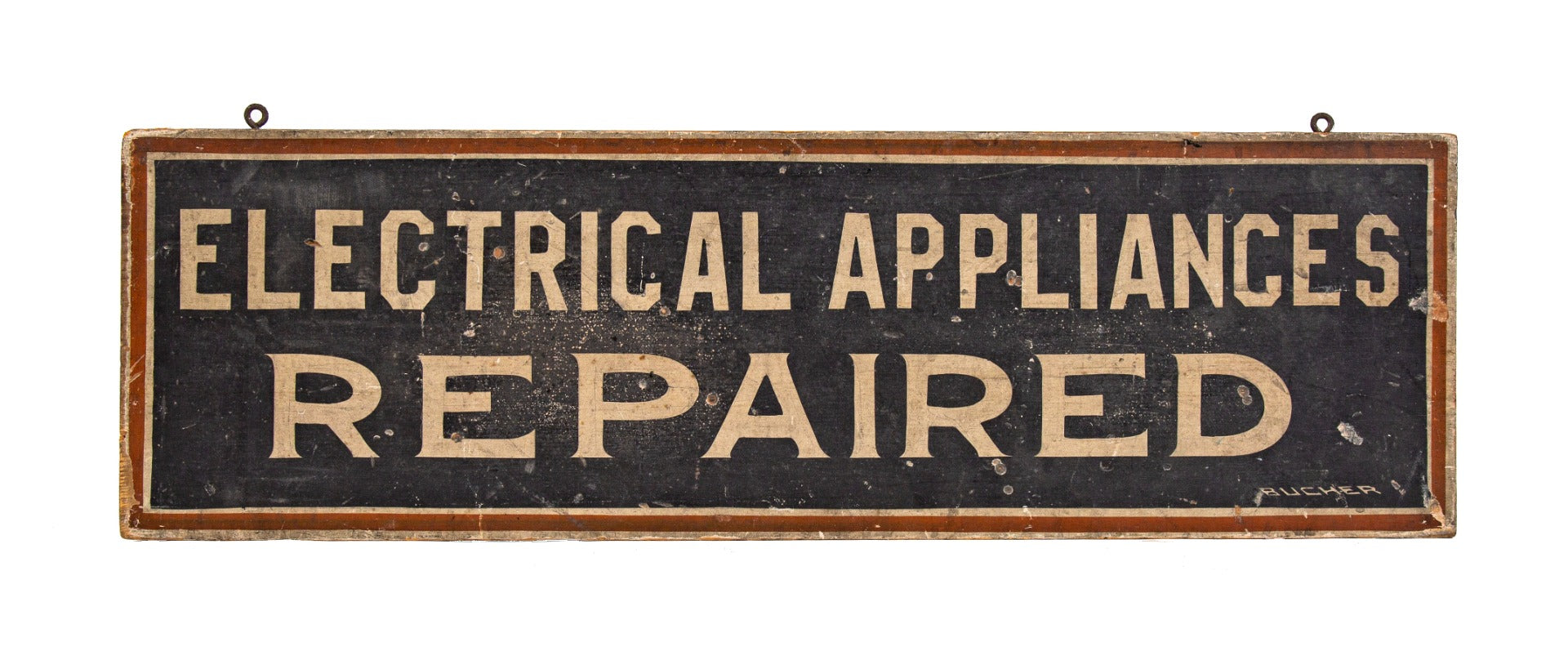 amazingly intact early 20th century hand-painted single-sided "electrical appliances repaired" pine wood signed trade sign with original eye hooks