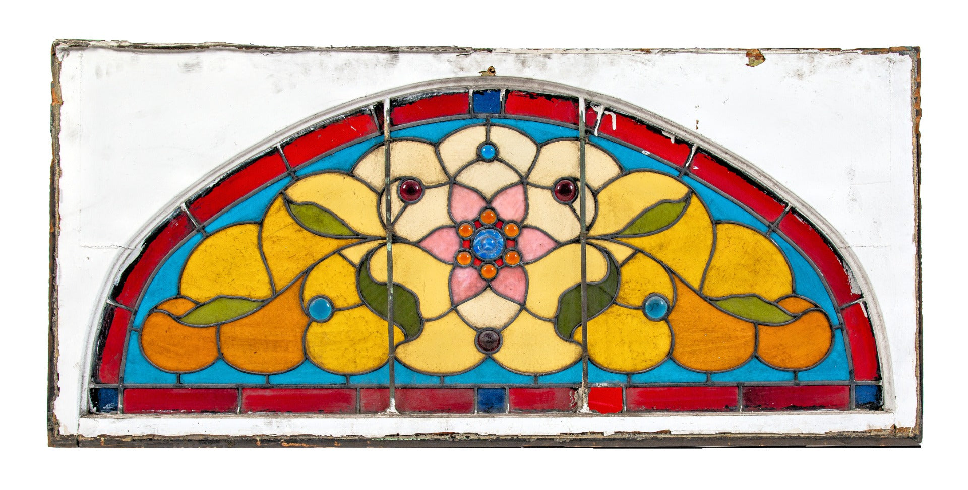 19th century original salvaged chicago oversized richly colored archtop stained glass window bedecked with jewels