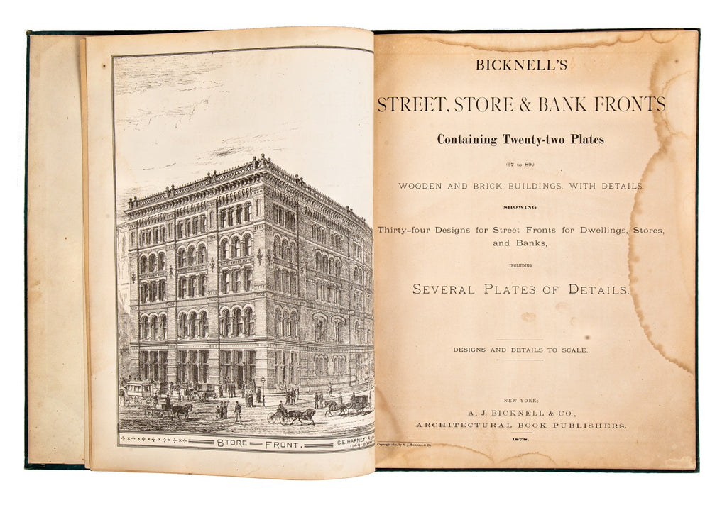 rare oversized 1878 bicknell's street, store & bank fronts with twenty-two profusely illustrated plates