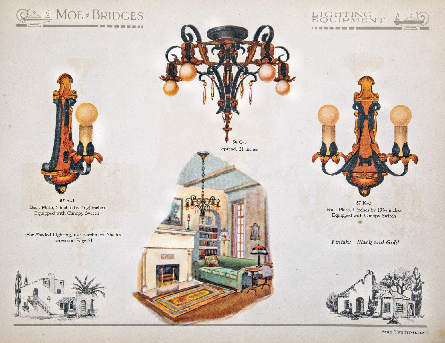 rare early 20th century antique american moe-bridges "no. 27" lighting product catalog with richly colored illustrations
