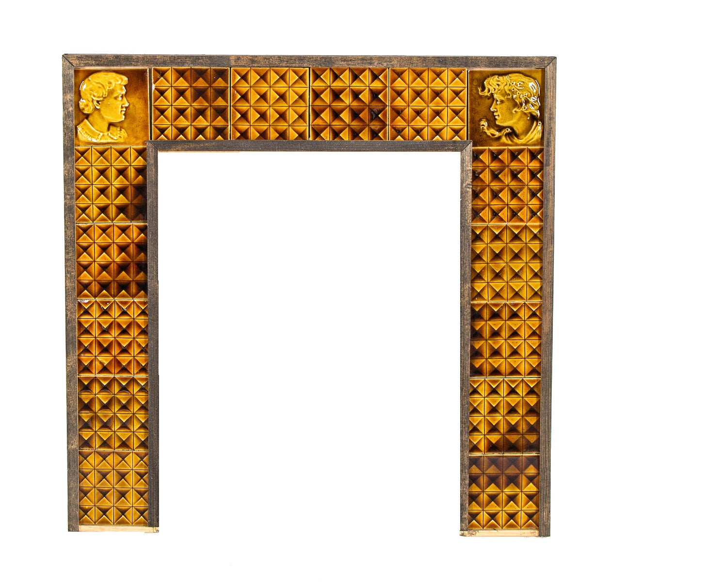 19th century visually striking salvaged chicago american victorian-era majolica glazed figural fireplace tile surround