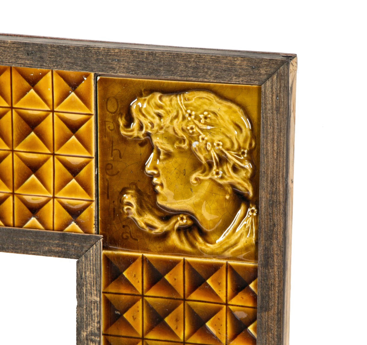 19th century visually striking salvaged chicago american victorian-era majolica glazed figural fireplace tile surround