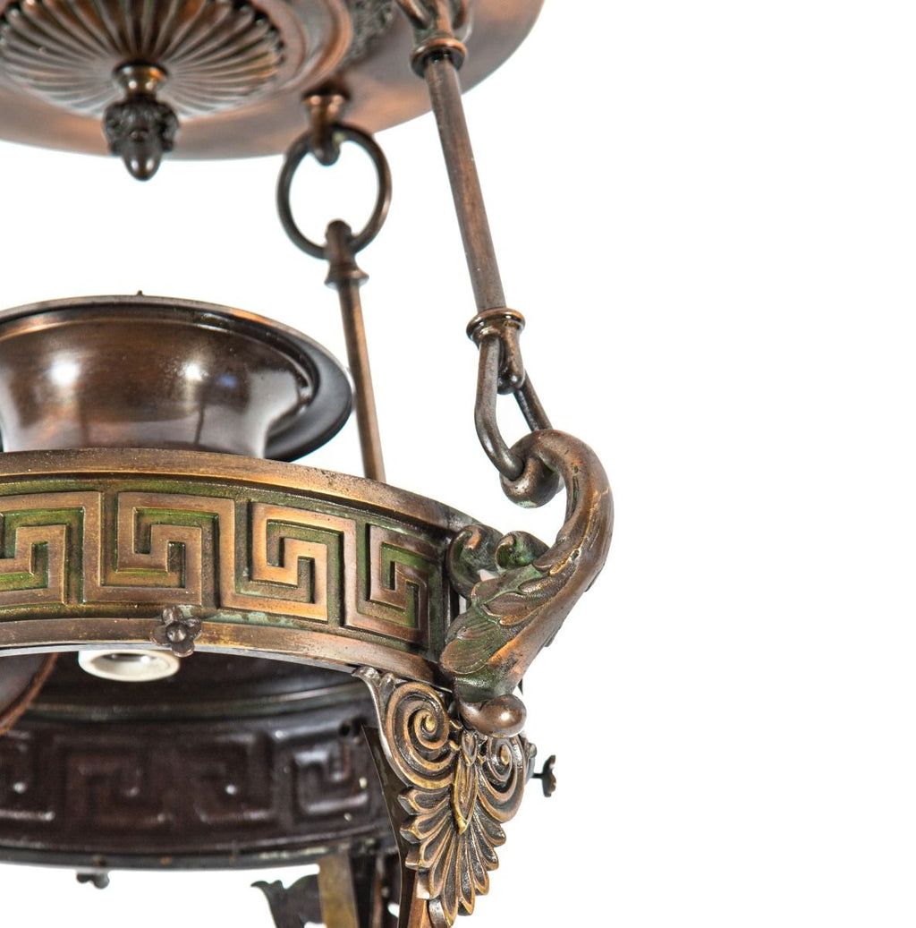 important clarence hatzfeld-designed oversized cast bronze logan square masonic temple pendant light fixture