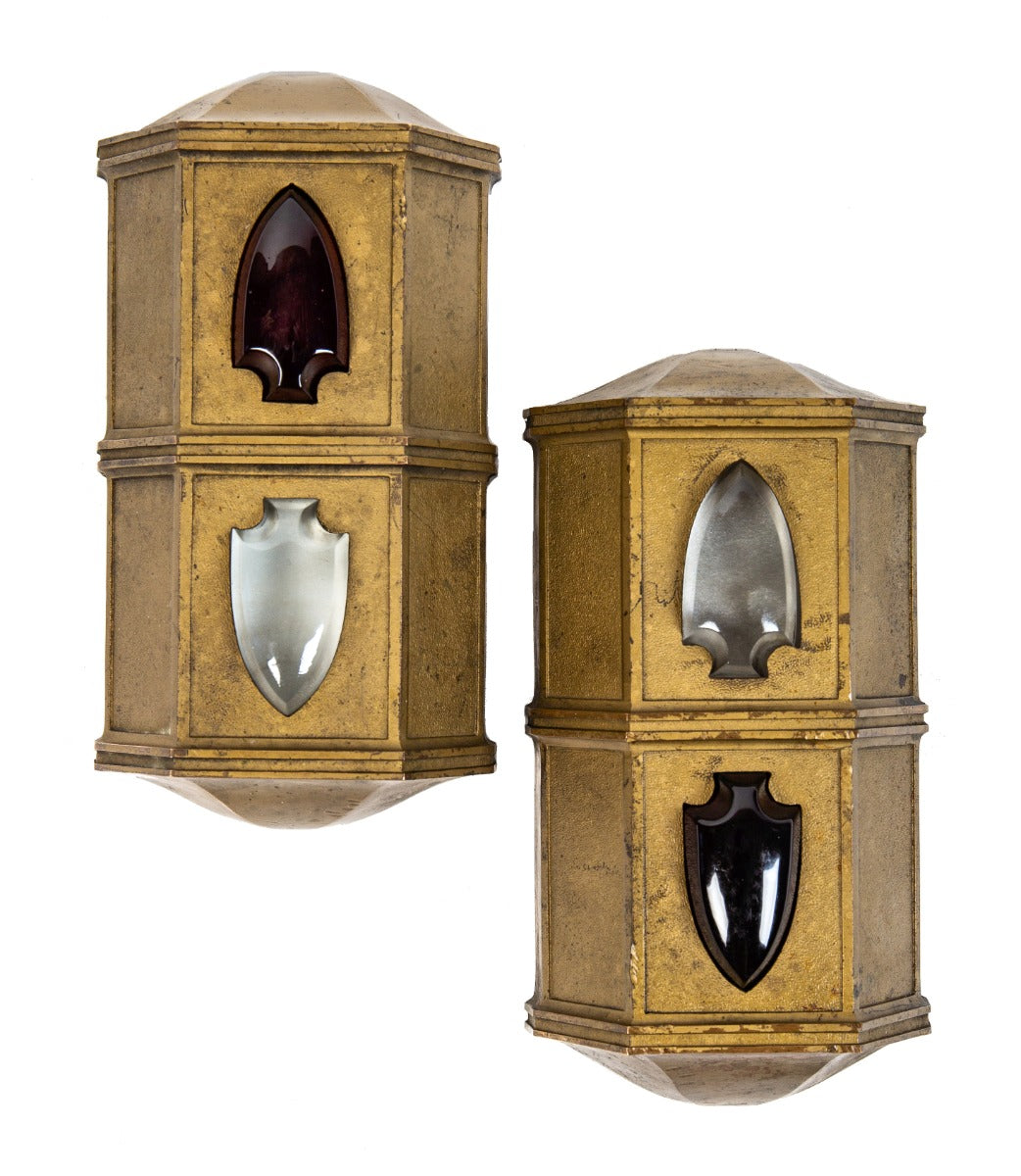 matching set of historically important early 20th century medinah athletic club tower interior lobby elevator directional lanterns