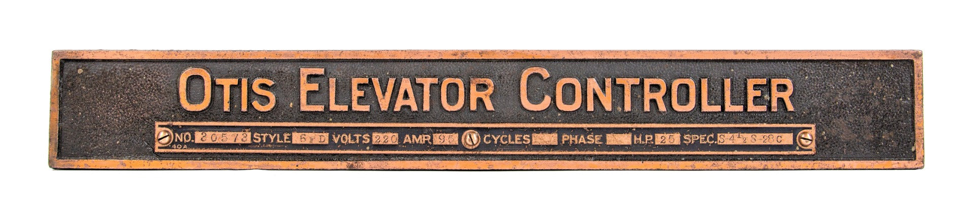 rare single-sided early 20th century copper-plated cast iron otis elevator controller panel from wrigley chewing gum plant