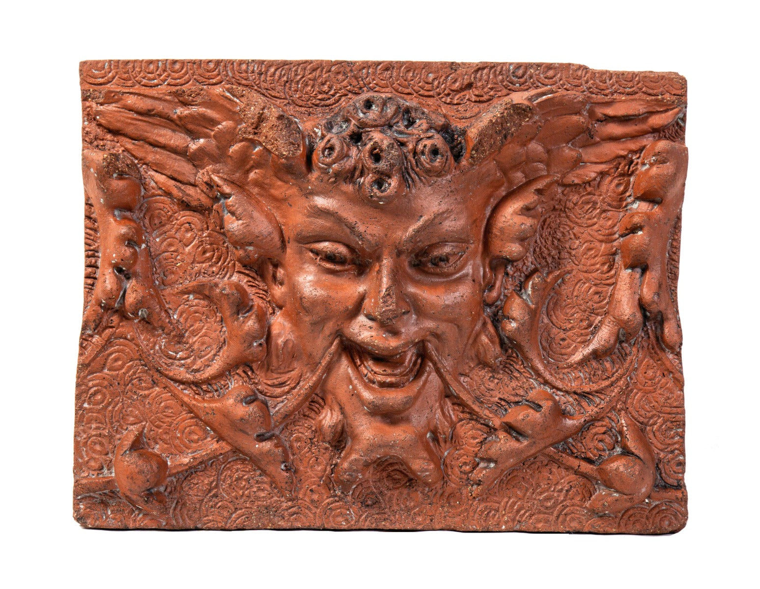 rare early to mid-1880s red slip glaze exterior residential northwestern terra cotta "satyr" figural panel or block