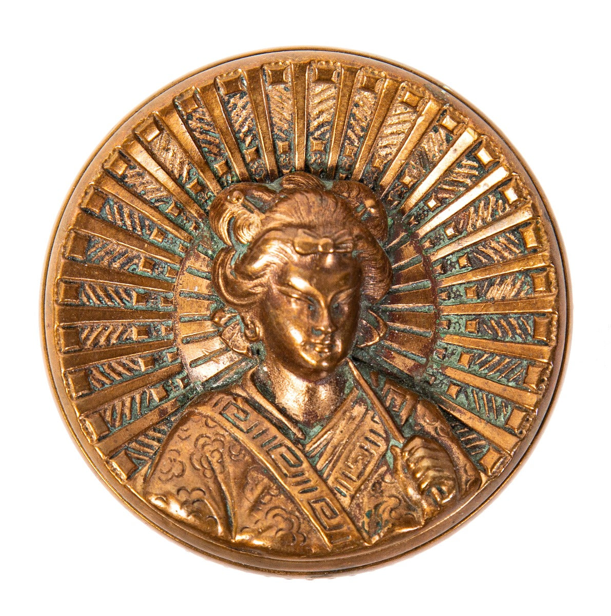 rare 19th century anglo-japanese style entrance size cast bronze residential geisha girl figural doorknob