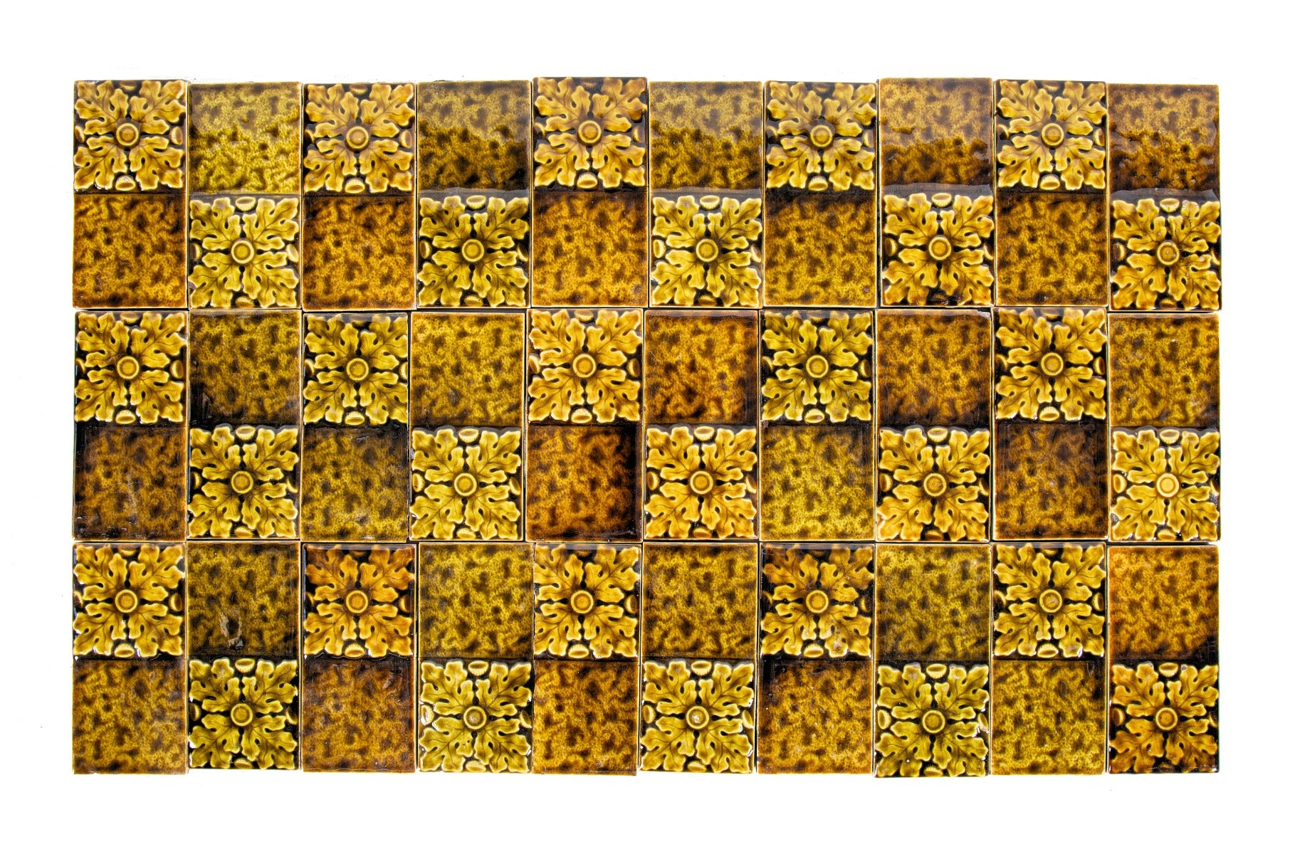 group of 30 matching 6 x 3 inch salvaged chicago 19th century victorian-era richly colored fireplace mantel surround tiles